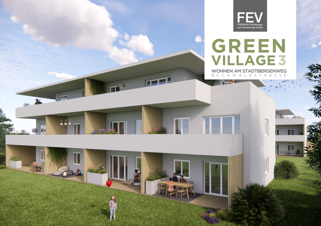 Eine 3D-Darstellung von Green Village zeigt ein modernes Mehrfamilienhaus mit Holzakzenten, Balkonen und üppiger Grünfläche. Menschen entspannen sich auf der Terrasse und im Garten.