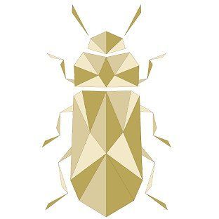 Eine geometrische Illustration eines Käfers mit einem goldenen, dreieckigen Muster auf seinem Körper, isoliert auf weißem Hintergrund.