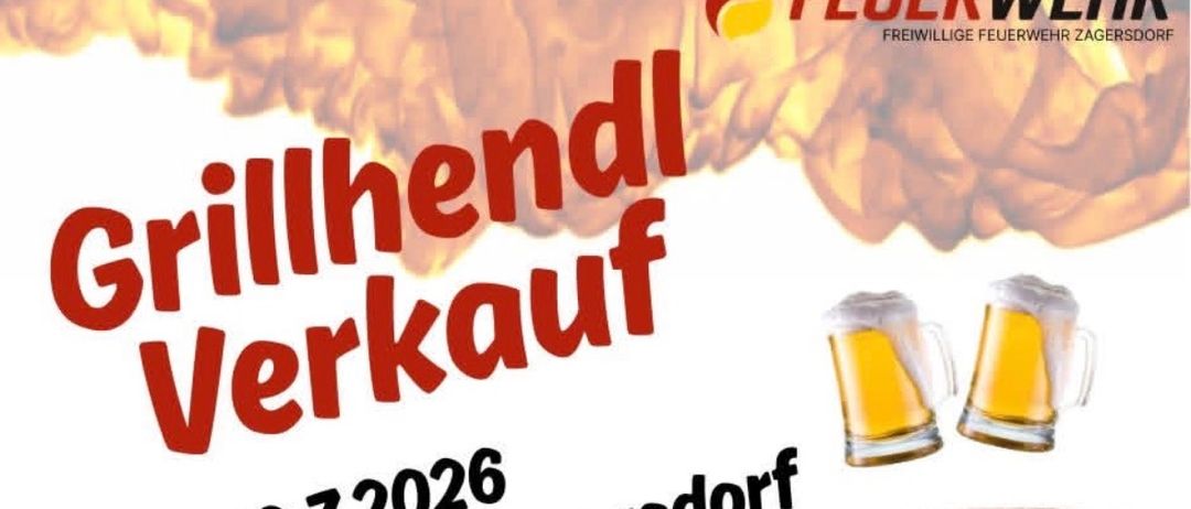 Plakat für eine Grillparty. Datum: 18.7.2026. Zeit: ab 11:00 Uhr. Ort: FW-Haus Zagersdorf. Mit gegrilltem Hähnchen.