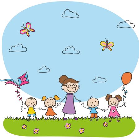 Eine fröhliche Illustration einer Frau mit Brille, die mit vier Kindern Händchen hält, ein Drachen und einen Ballon fliegen lässt, unter einem blauen Himmel mit Wolken und Schmetterlingen.