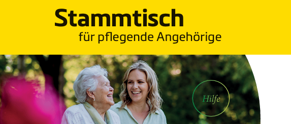 Ein Werbeplakat für Stammtisch für Pflegende Angehörige, eine Initiative des Gesundheitsreferats von Kärnten. Es zeigt ein Foto von zwei Frauen, einer älteren und einer jüngeren, die sich in einem Garten die Hände halten. Der Text ist in Deutsch.