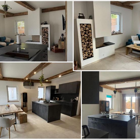 Ein Collage aus vier Bildern, die ein modernes Innendesign mit Küche, Wohnzimmer, Kamin und Essbereich mit Holzmöbeln, weißen Wänden und natürlichem Licht zeigt.