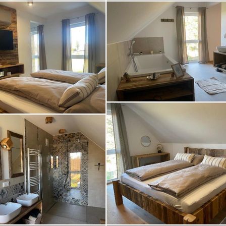 Eine Collage aus vier Bildern, die ein Schlafzimmer, Bad und Wohnbereich zeigt. Das Schlafzimmer hat ein Holzbett mit Kissen. Das Bad verfügt über eine Dusche und ein Waschbecken. Der Wohnbereich beinhaltet eine Badewanne mit einem Holzregal.