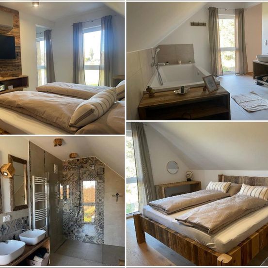 Eine Collage aus vier Bildern, die ein Schlafzimmer, Bad und Wohnbereich zeigt. Das Schlafzimmer hat ein Holzbett mit Kissen. Das Bad verfügt über eine Dusche und ein Waschbecken. Der Wohnbereich beinhaltet eine Badewanne mit einem Holzregal.