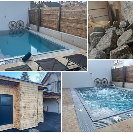 Vier Bilder eines Pools. Das erste zeigt einen klaren Pool mit Liegestühlen und einem Zaun. Das zweite zeigt Steine. Das dritte zeigt ein Holzgebäude. Das vierte zeigt einen sprudelnden Pool.