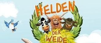 Ein Buchcover mit vier animierten Kühen auf einer Wiese, wobei die mittlere Kuh eine Schleife mit der Aufschrift 'Möge das Horn mit dir sein' hält.