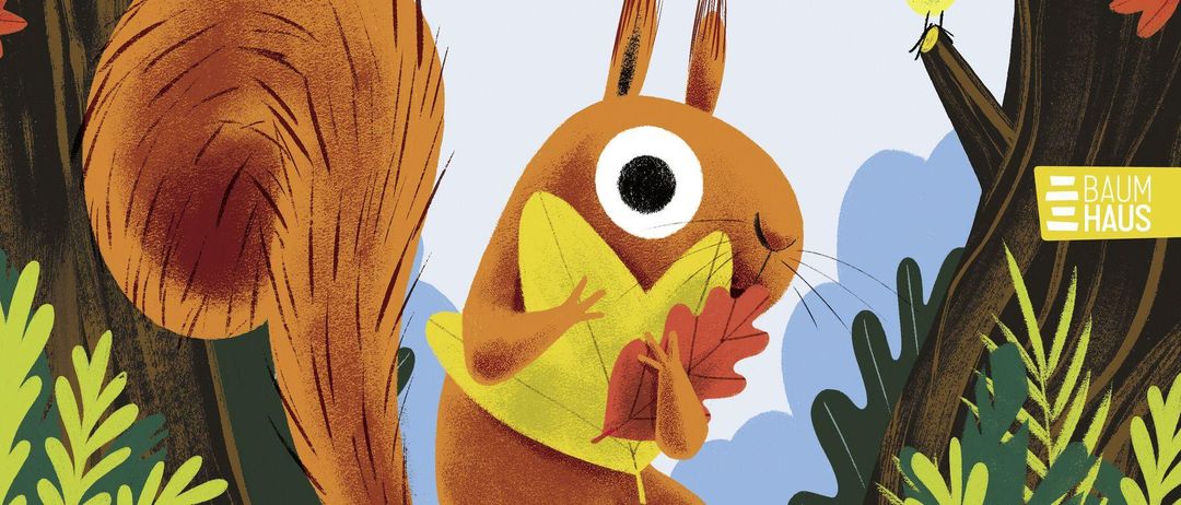 Illustration eines Eichhörnchens, das Blätter in einer herbstlichen Umgebung hält, mit einem Vogel auf einem Ast. Der Titel lautet 'Der Blättterdieb' in fetten Buchstaben.