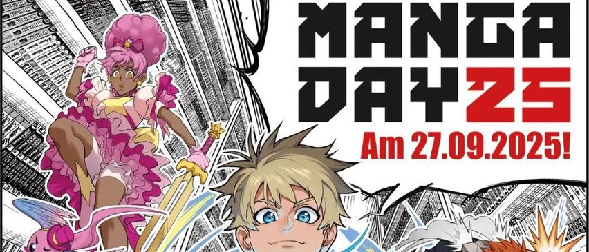 Manga Day Z Cover mit einem Jungen in Blau mit einer blauen Energiekugel, einem Mädchen in Pink und einem rothaarigen Jungen im Hintergrund mit einer Stadtlandschaft.