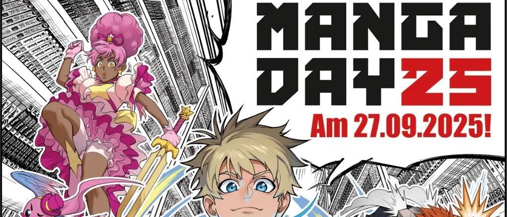Manga Day Z Cover mit einem Jungen in Blau mit einer blauen Energiekugel, einem Mädchen in Pink und einem rothaarigen Jungen im Hintergrund mit einer Stadtlandschaft.