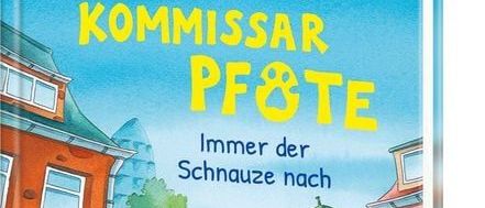 Ein Buchcover mit einem gezeichneten Hund, der einen Polizeiabzeichen trägt. Der Titel ist Kommissar Pfote. Das Cover zeigt ein Polizeiauto und Gebäude.
