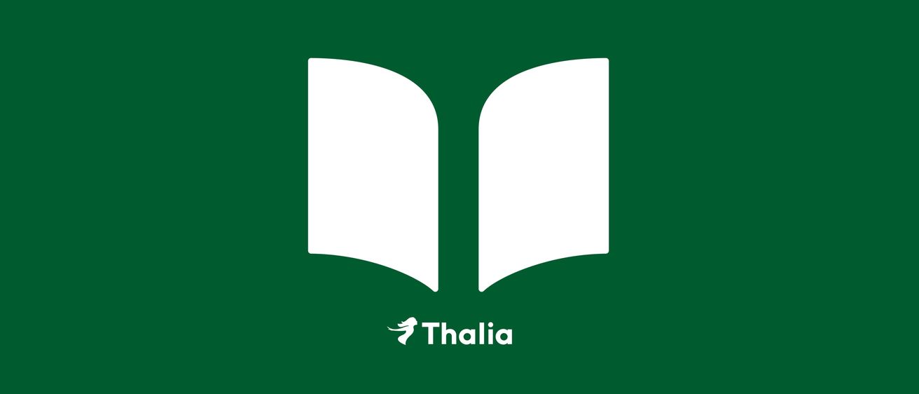 Auf einem grünen Hintergrund befindet sich ein offenes Buch-Logo mit dem Wort Thalia darunter.