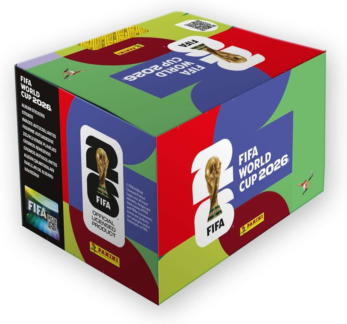Eine Box für FIFA Weltmeisterschaft 2026 Sticker, mit FIFA-Marken, Logos und einem Pokal-Bild. Es enthält Album-Stickers, Figuren, Autocollantes und andere Souvenirs.