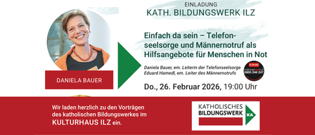 Einladung zu den Vorträgen der Katholischen Bildungswerke am Donnerstag, 26. Februar 2026, über Einfachheit, Seelsorge und Männerhilfen.
