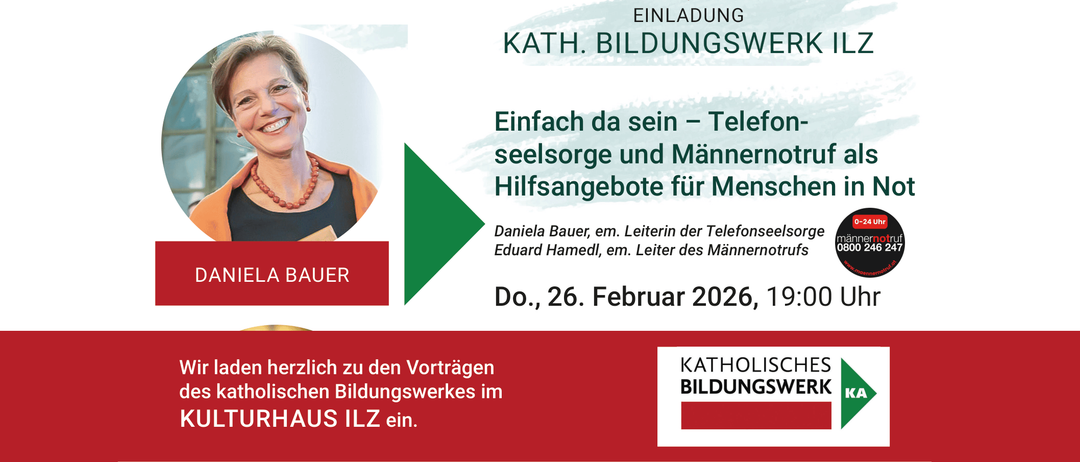 Einladung zu den Vorträgen der Katholischen Bildungswerke am Donnerstag, 26. Februar 2026, über Einfachheit, Seelsorge und Männerhilfen.