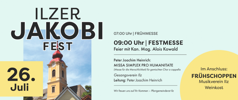 A poster for the Ilzer Jakobi Fest features a tower with a red dome, set against a blue sky. The text reads 'Ilzer Jakobi Fest' with a clock on the tower. The event time is 7:00 PM and 9:00 PM.