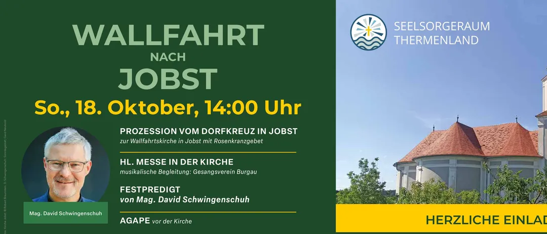 Ein Plakat für eine religiöse Veranstaltung mit einer Kirche, einem Mann und Informationen über die Prozession und die Messe.
