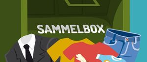 Eine Illustration einer Sammelbox für alte Kleidung. Die Box ist gefüllt mit verschiedenen Artikeln, darunter ein Anzug, eine Mütze, ein Babyhemd und Schuhe.