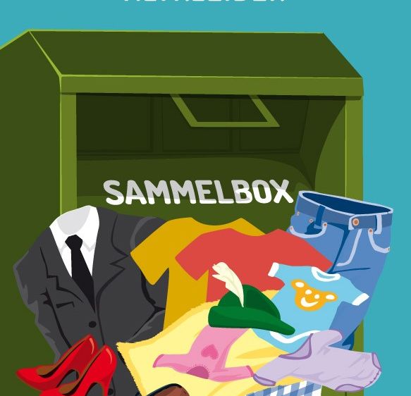 Eine Illustration einer Sammelbox für alte Kleidung. Die Box ist gefüllt mit verschiedenen Artikeln, darunter ein Anzug, eine Mütze, ein Babyhemd und Schuhe.