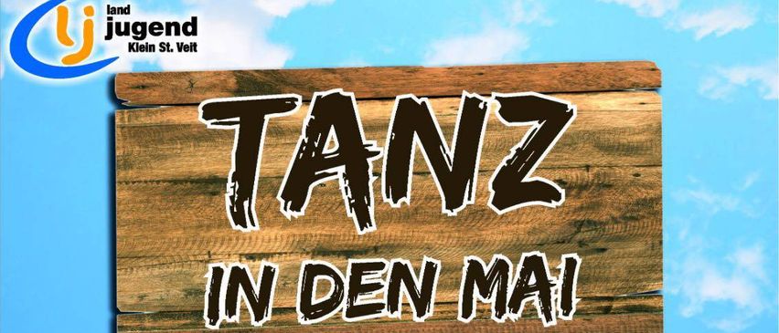 Plakat für eine Musikveranstaltung mit dem Titel Tanz in den Mai, Datum, Uhrzeit und Ort. Ein DJ-Team wird erwähnt.