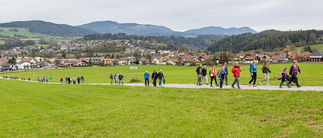Eine Gruppe von Menschen läuft auf einem Grasweg mit Bergen im Hintergrund. Einige tragen Turnschuhe, andere haben Wanderstöcke. Ein Schild heißt 'Lindl'.