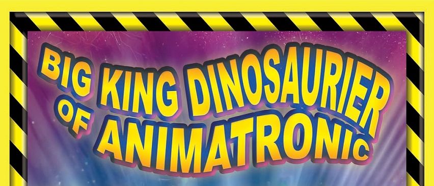 Werbeposter mit einem brüllenden Dinosaurier und einem Euro-Rabatt bei der Kasse. Es enthält einen gelben Rand mit Warnhinweisen. Der Titel lautet 'Wissenschaftliche Einblicke in prähistorische Tiere'.