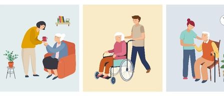 Drei Illustrationen von älteren Menschen mit Pflegekräften. Eine zeigt einen Mann, der einer Frau im Rollstuhl hilft. Eine andere zeigt eine Frau, die einen älteren Mann unterstützt, der sitzt. Die letzte zeigt einen Mann mit einem Gehstock und Lebensmitteln.