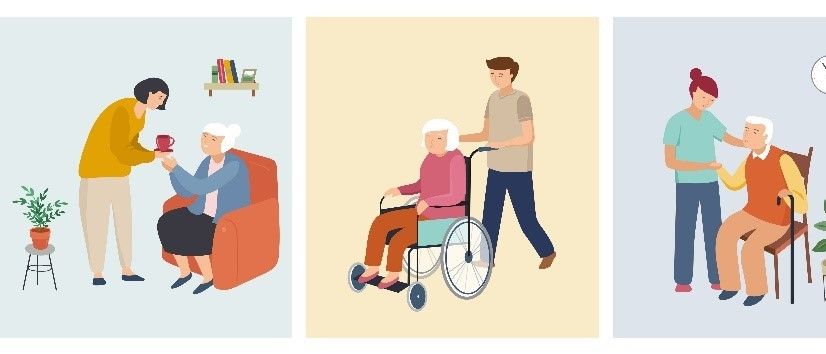 Drei Illustrationen von älteren Menschen mit Pflegekräften. Eine zeigt einen Mann, der einer Frau im Rollstuhl hilft. Eine andere zeigt eine Frau, die einen älteren Mann unterstützt, der sitzt. Die letzte zeigt einen Mann mit einem Gehstock und Lebensmitteln.