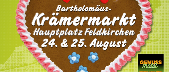 Postkarte mit dem Bartholomew Markt Event. Musiker mit Instrumenten. Marktstände im Hintergrund. Datum: 24. und 25. August. Ort: Feldkirchen. Englischer Text.