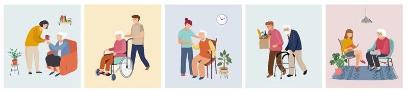 Eine Reihe von Illustrationen, die verschiedene Szenarien älterer Menschen in unterschiedlichen Umgebungen darstellen. Jede Szene zeigt Interaktionen zwischen älteren Personen und Pflegekräften oder Begleitpersonen.