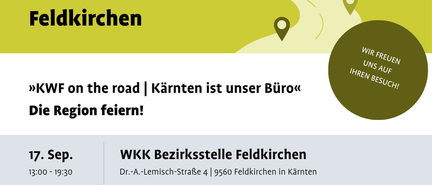Suche nach Kirchen, eine Suchleiste oben, der Titel ist 'on the road | Kärnten ist unser Büro', darunter ein Banner mit einer Standortkarte mit drei Standortsymbolen, darunter wird 'WKK Bezirksstelle Feldkirchen' mit der Adresse 'Dr.-A.-Lemisch-Straße 4' und '9560 Feldkirchen in Kärnten' angezeigt.