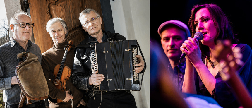 Drei Männer spielen Musik. Ein Mann spielt Geige, ein anderer Akkordeon und der dritte trägt einen Hut. Eine Frau singt in ein Mikrofon auf der Bühne.