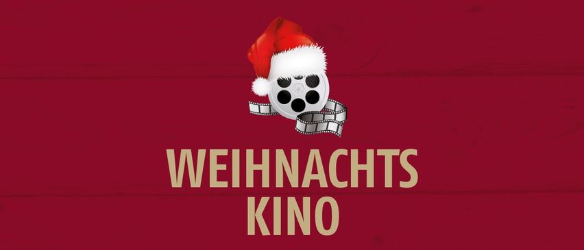 Ein roter Plakat zeigt ein Filmband mit einem Weihnachtshut obenauf und den Worten 'Weihnachtskino' in weiß.