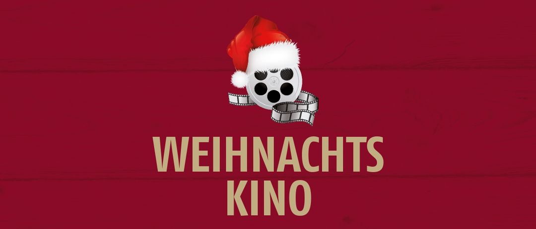 Ein roter Plakat zeigt ein Filmband mit einem Weihnachtshut obenauf und den Worten 'Weihnachtskino' in weiß.
