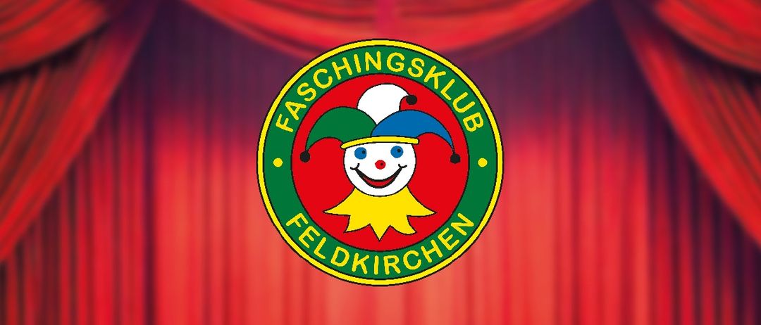 Das Logo des Faschingsklub Feldkirchen zeigt einen lächelnden Clown mit einem mehrfarbigen Hut vor rotem Hintergrund.