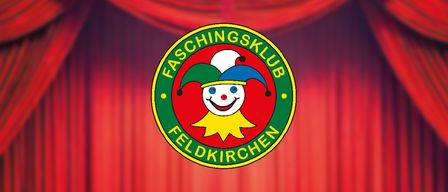 Ein rundes Logo mit rotem Hintergrund und einem lächelnden Clown in einem Narrenhut und farbenfroher Kleidung. Der Text lautet 'Faschingsklub Feldkirchen'.