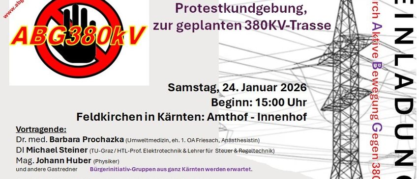 Veranstaltungsplakat für eine Bürgerinformations- und Protestkundgebung gegen eine geplante 380kV-Leitung. Geplant für Samstag, 24. Januar 2026, Beginn: 15:00 Uhr. Ort: Amhof - Innenhof in Kärnten. Organisatoren sind Barbara Prochazka, Michael Steiner und Johann Huber. Weitere Informationen unter www.abg380kv.info.