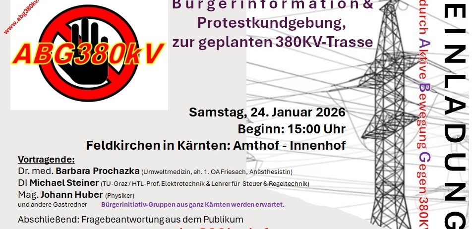 Veranstaltungsplakat für eine Bürgerinformations- und Protestkundgebung gegen eine geplante 380kV-Leitung. Geplant für Samstag, 24. Januar 2026, Beginn: 15:00 Uhr. Ort: Amhof - Innenhof in Kärnten. Organisatoren sind Barbara Prochazka, Michael Steiner und Johann Huber. Weitere Informationen unter www.abg380kv.info.