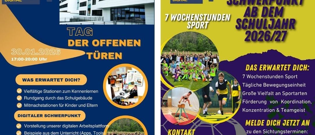 Ein Werbeplakat für den Tag der offenen Türen an der Mittelschule Feldkirchen digital. Es zeigt ein Gebäude, den Text 'Tag der offenen Türen' und verschiedene Bilder von Aktivitäten und Sportarten.