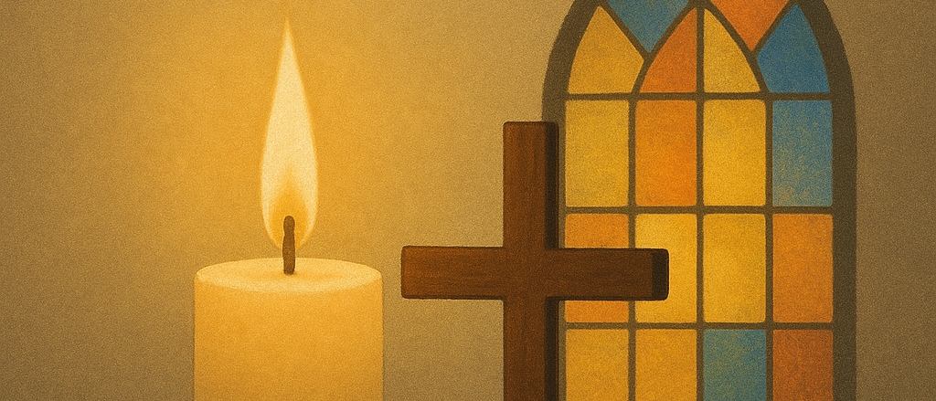 Eine Kerze und ein Kreuz stehen vor einem Kirchenfenster. Die Kerze ist entzündet und wirft ein warmes Licht. Das Kreuz ist aus Holz und schlicht. Der Hintergrund ist beige. Darunter stehen die Worte 'im Rahmen der Woche'.