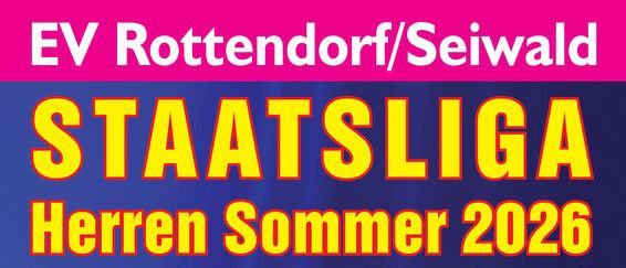 Plakat für die Sommerspiele 2026 von EV Rottendorf/Seiwald. Spiele gegen ESV Seiwald Elda, ESC Wolfgrab 1 und ESV Groffeistritz sind für den 2. Mai, 30. Mai und 20. Juni geplant.