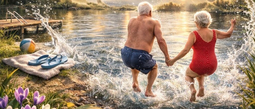 Plakat für eine Veranstaltung am 1. März 2026 um 14 Uhr, mit einem Paar in Badekleidung am See. Der Titel lautet 'On-Body 2026' und beinhaltet den Slogan 'Wer springt, gewinnt!' mit einer Überraschungsgeschenk.