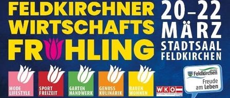 Plakat für den 4. Feldkirchener Erlebnistag. Termine: 20.-22. März. Eröffnung am Freitag um 19 Uhr. Samstag und Sonntag 10-18 Uhr. Freier Eintritt. Live-Kochen und Modenschau.