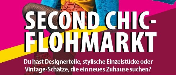 Plakat für einen Second-Hand-Markt. Frau in einem blauen Mantel, gelbem Shirt und roten Stiefeln. Sie hält eine blaue Tasche. Der Text sagt 'Second Chic-Flohmarkt'. Die Anmeldung ist offen. Das Datum ist 22. März 2026.