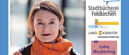 Ein Plakat für eine Lesung mit Lydia Mischkulnig, mit einer Frau in einem orangefarbenen Schal, geplant für Dienstag, 9. Juni 2026, um 19 Uhr.