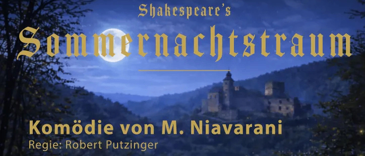 Plakat für das Theaterstück 'Burg Glanegg' von M. Niavarani, Regie: Robert Putzinger, mit einem Esel vor dem Hintergrund einer Burg. Termine sind 25., 26., 27. Juni und 3., 4. Juli 2026. Theater Impuls Logo enthalten.
