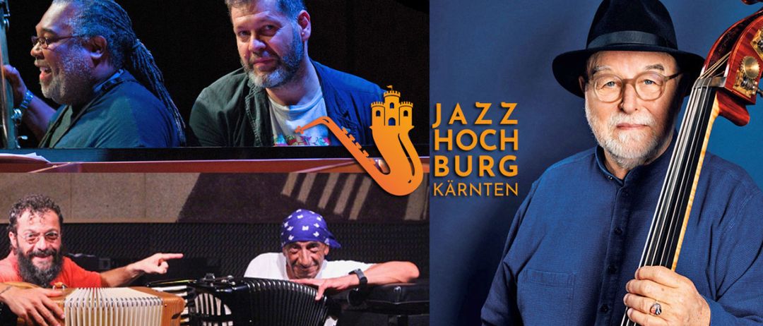 Eine Collage von Musikern; einer spielt Akkordeon, ein anderer Klavier, und der dritte trägt einen Hut. Das Logo von Jazz Hochburg Karnten ist prominent angebracht.