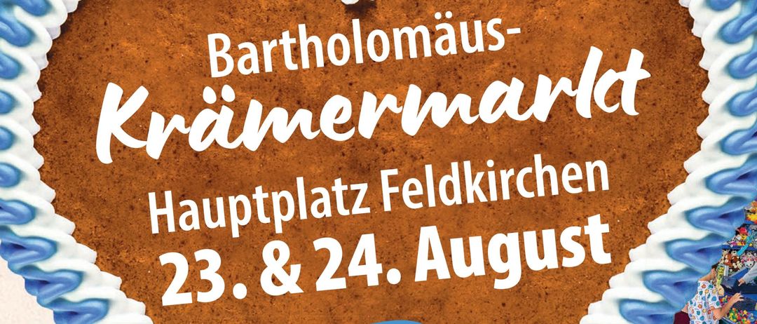 Ein Plakat für den Bartholomäus-Krämermarkt in Feldkirchen. Zwei lächelnde Männer, einer spielt Gitarre, der andere Akkordeon. Das Event ist am 23. und 24. August.