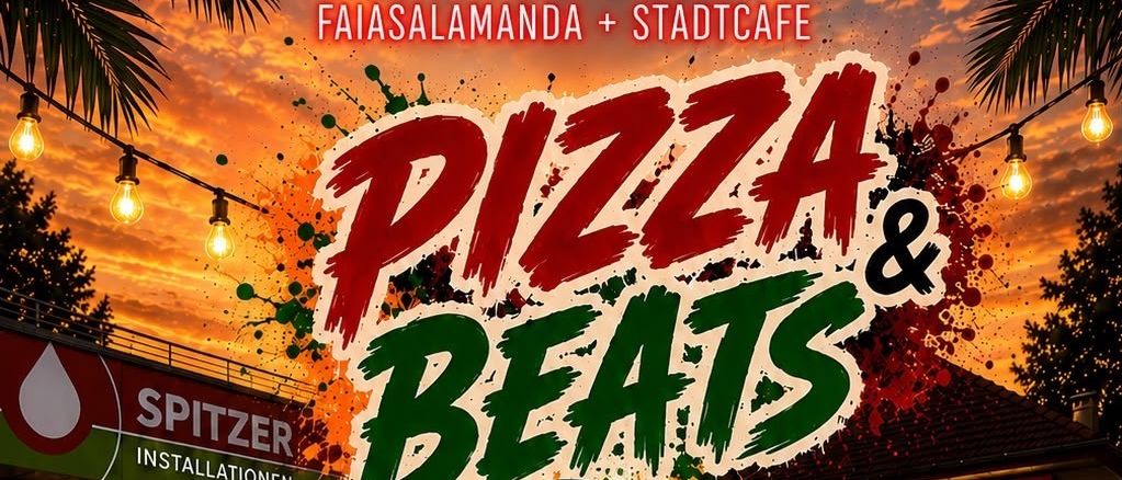 Plakat für eine Party mit DJ Zeeckmo, mit zwei DJs am Pool, Getränken, Musik, Vibes, Essen und Pizza. Datum ist 10. Juli 2026.