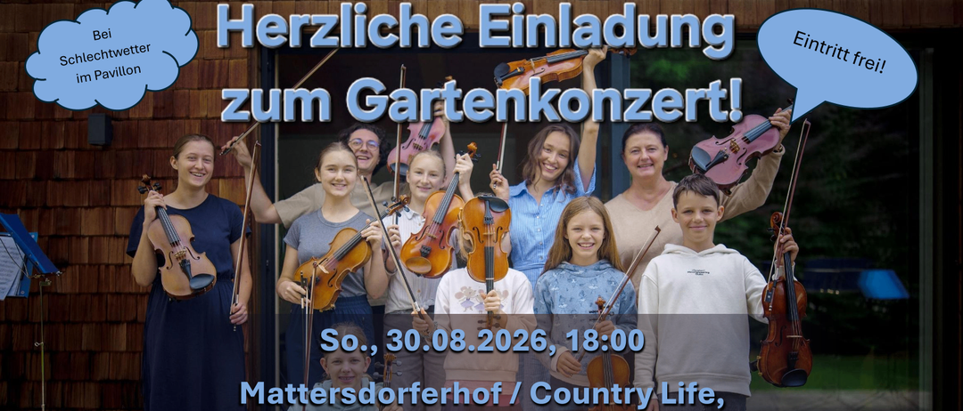 Eine Gruppe von Kindern und Erwachsenen mit Violinen, die für ein Foto bei einem Gartenkonzert am 30. August 2026 lächeln.
