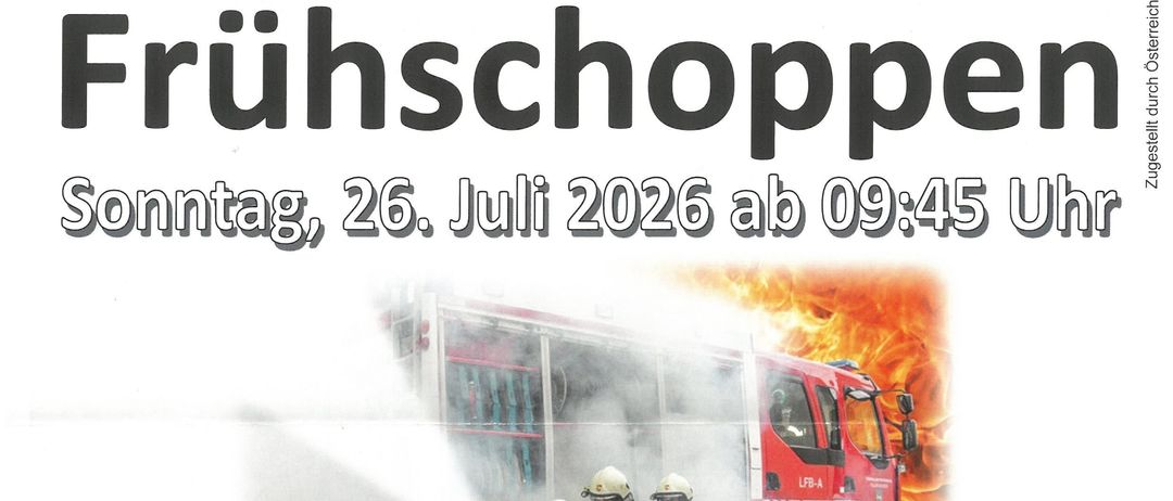 Ein Plakat für eine Feuerwehrveranstaltung am 26. Juli 2026 mit Feuerwehrleuten in Aktion, einem Feuerwehrauto und Rauch. Die Veranstaltung umfasst eine Feldmesse und ein Frühstück.